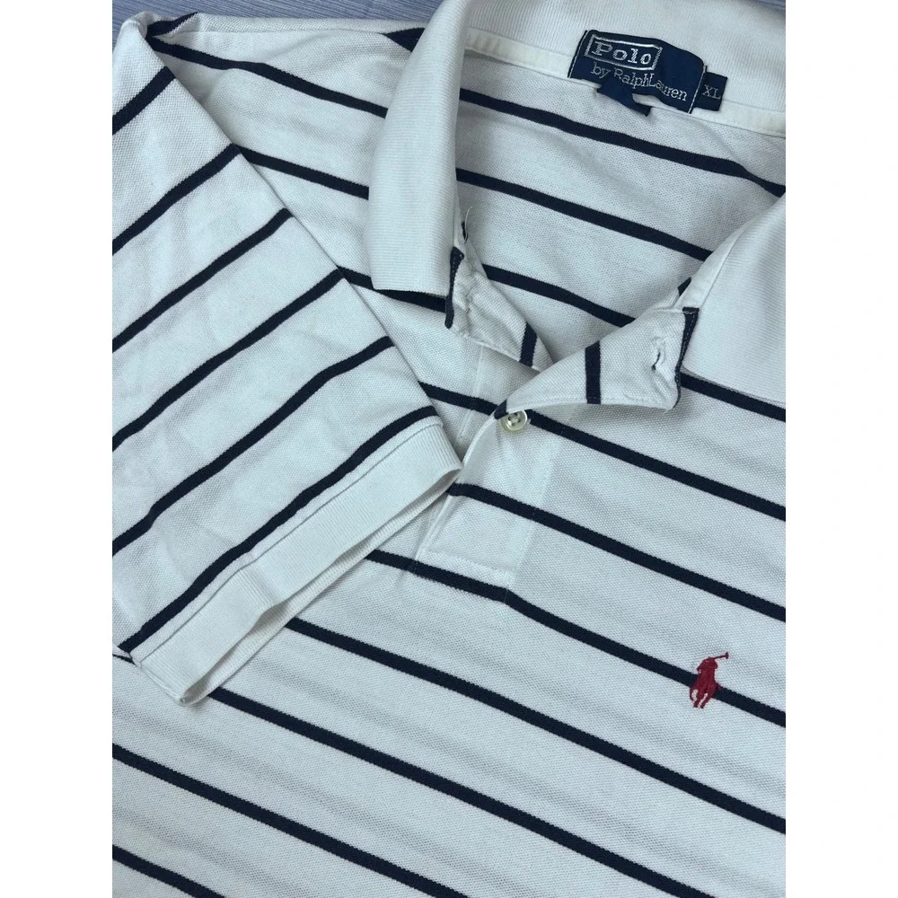 Polo‎ Ralph Lauren Mens XL White Navy Blue Striped Cotton Pique Polo Shirt